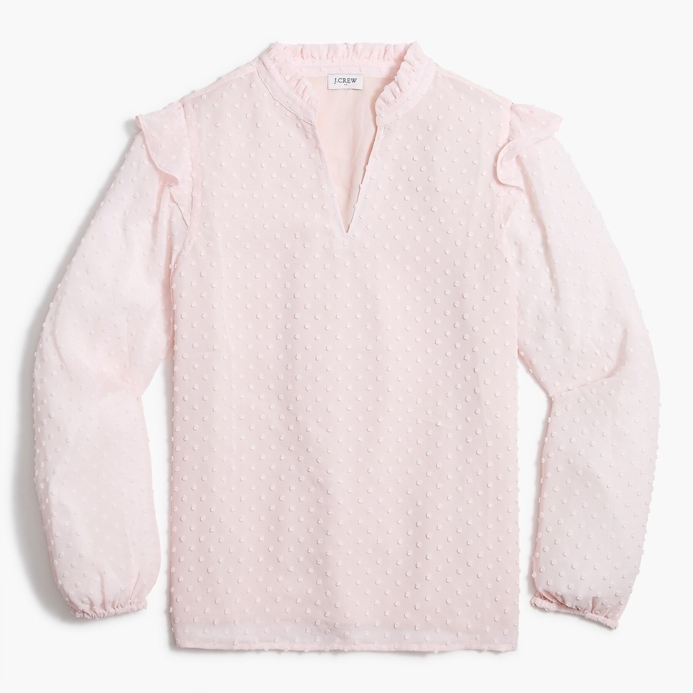 J. Crew V-Neck Ruffle Top‎ Womens 2XS Pink Clip Dot Linen Balloon Sleeve Blouse